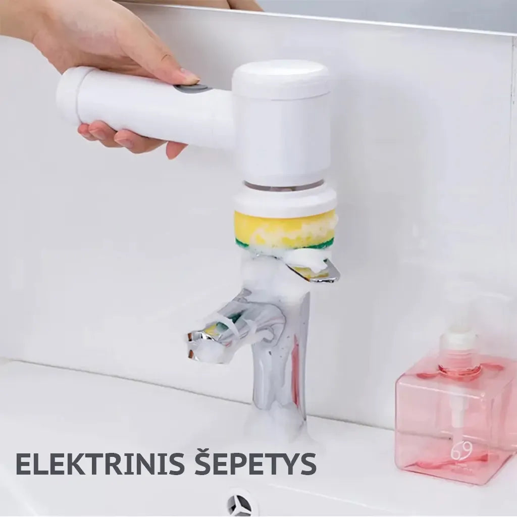 Elektrinis daugiafunkcis valymo šepetys TR1273, belaidis šveitiklis namams su šviesos jungikliu ir keičiamais šepečių galvutėmis.