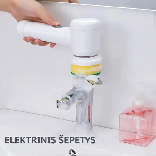 Elektrinis daugiafunkcis valymo šepetys TR1273, belaidis šveitiklis namams su šviesos jungikliu ir keičiamais šepečių galvutėmis.
