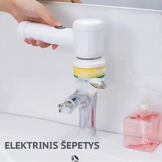 Elektrinis daugiafunkcis valymo šepetys TR1273, belaidis šveitiklis namams su šviesos jungikliu ir keičiamais šepečių galvutėmis.