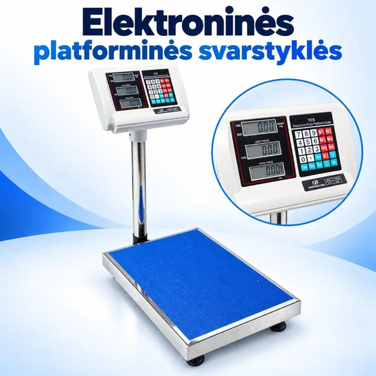 Elektroninės platforminės svarstyklės, talpa 100 kg, tikslumas 20 g, su dideliu skystųjų kristalų ekranu, namų ar parduotuvės naudojimui.