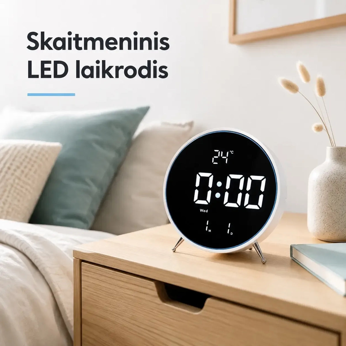 Elektroninis laikrodis TR2250E su data ir termometru, aiškus ekranas ir funkcijos, naudotojo patogumui.