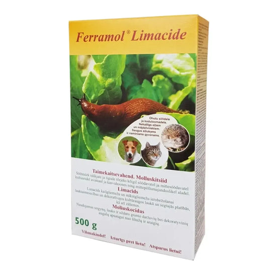 Ferramol Limacide 500 g moliuskocidas nuo šliužų ir sraigių, efektyvus augalų apsaugos produktas, veiksmingai naikina moliuskus.