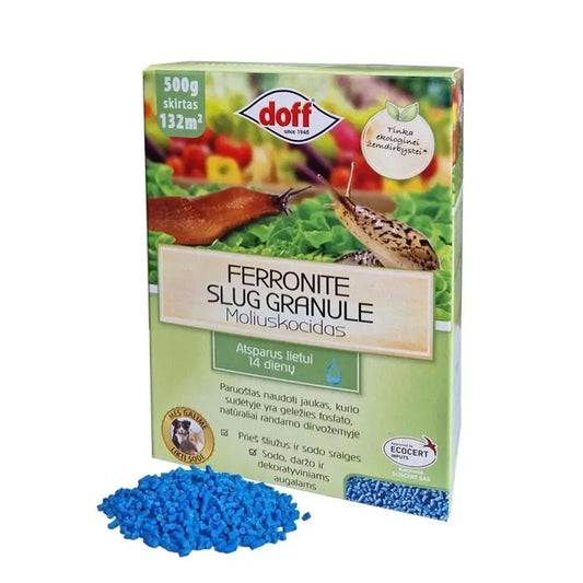 Ferronite moliuskocidas granulės, 500 g, natūralus sliekų ir moliuskų kontrolės produktas, matomos granulės pakuotėje.