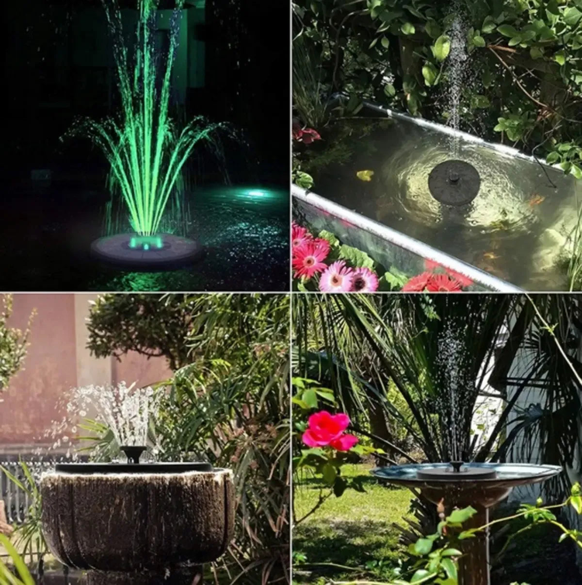 Saulės energija varomas tvenkinio fontanas su spalvingu RGB LED apšvietimu, sidabro spalvos ir modernus dizainas.