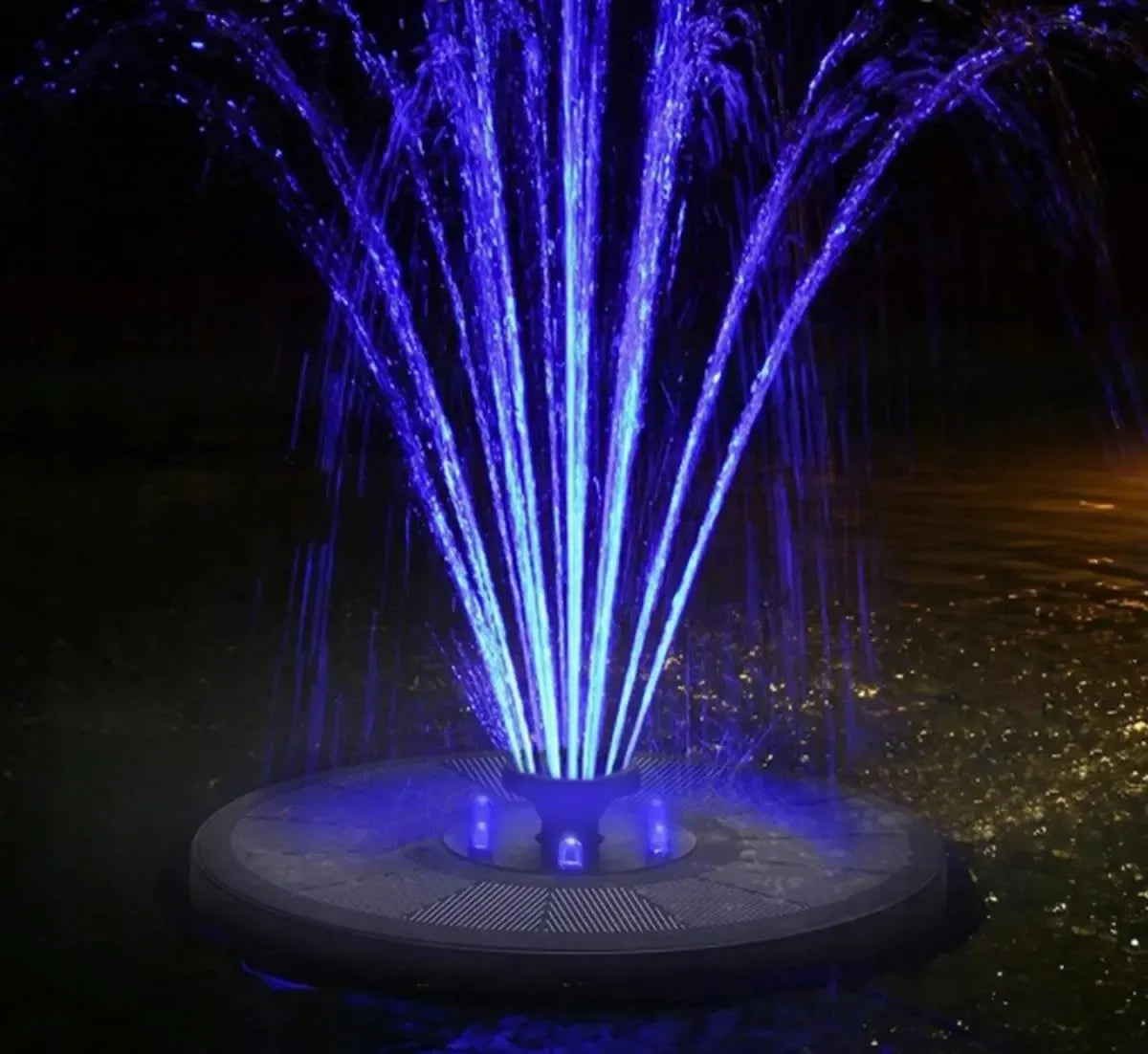 Saulės energija varomas tvenkinio fontanas su RGB LED apšvietimu, rodyti fontano vandens srovę ir apšvietimo funkcijas.