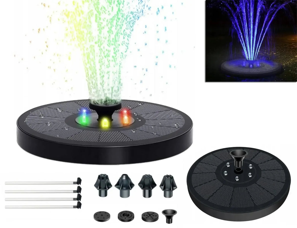Saulės energija varomas tvenkinio fontanas su spalvotu RGB LED apšvietimu, vandens srovė ir modernus dizainas.