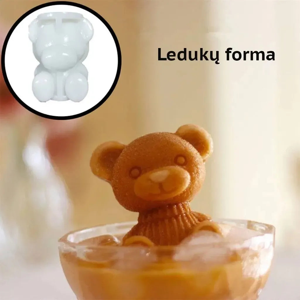 Silikoninė ledukų forma „Bear“ su meškiuko formomis, skirta šaldyti ledukus gėrimams, patogi ir lanksti naudoti.