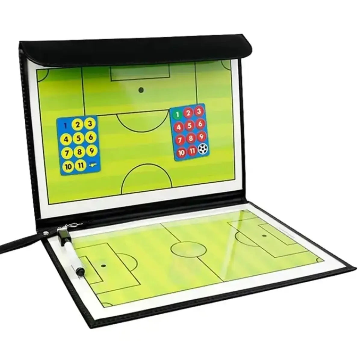 Futbolo trenerio taktinė lenta su magnetais, balta ir mėlyna, skirta taktikos planavimui ir strategijos formavimui.