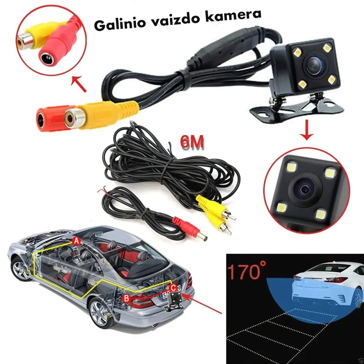 Galinio vaizdo kamera automobiliui su naktiniu matymu ir parkavimo linijomis, aiškus vaizdas automobilio gale.