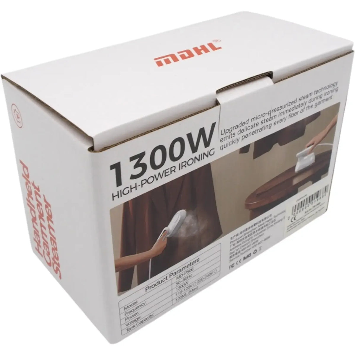 Rankinis garų lygintuvas MDHL MD-P506, 1300 W, su rankena ir garo išėjimu, skirtas lyginti drabužius.