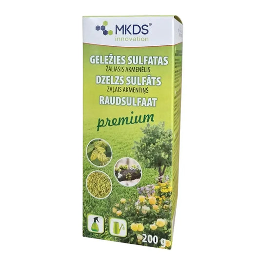 Geležies sulfatas premium, 200 g pakuotės vaizdas, vaizdas su baltu milteliu tekstūra ir etiketėmis ant pakuotės