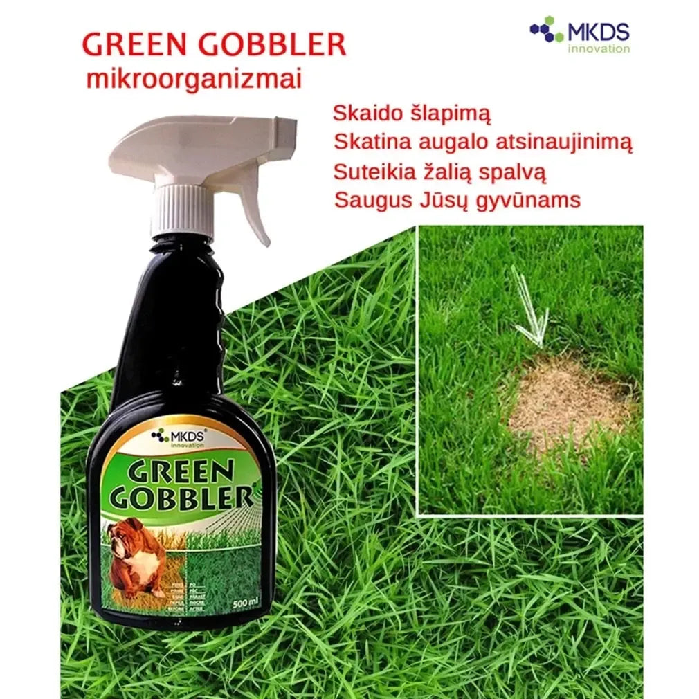 Žalios Gobbler mikroorganizmai vejoms nuo augintinių šlapimo, 500 ml, natūralus valymo produktas su mikroorganizmais.