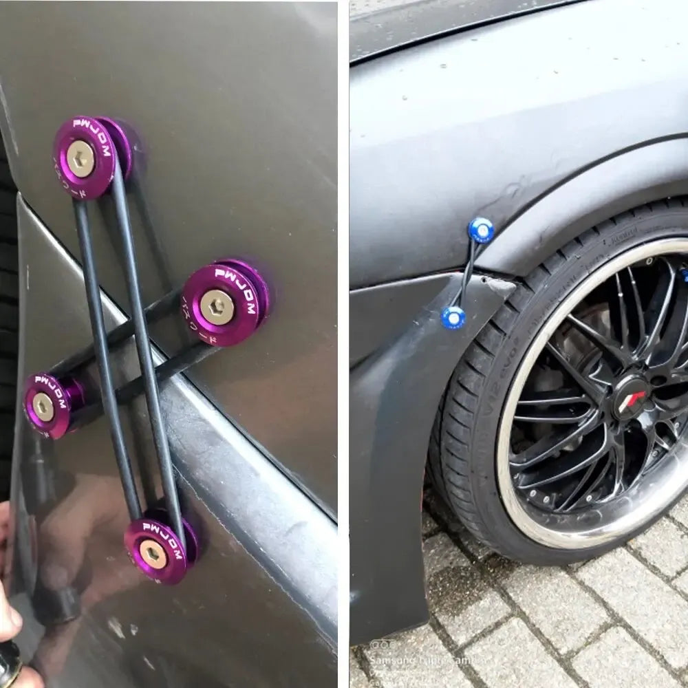 Raudona greito atlaisvinimo jungtis automobiliui, metalinė, su spaustukais ir rankena, tinkama automobilių remonto darbams.