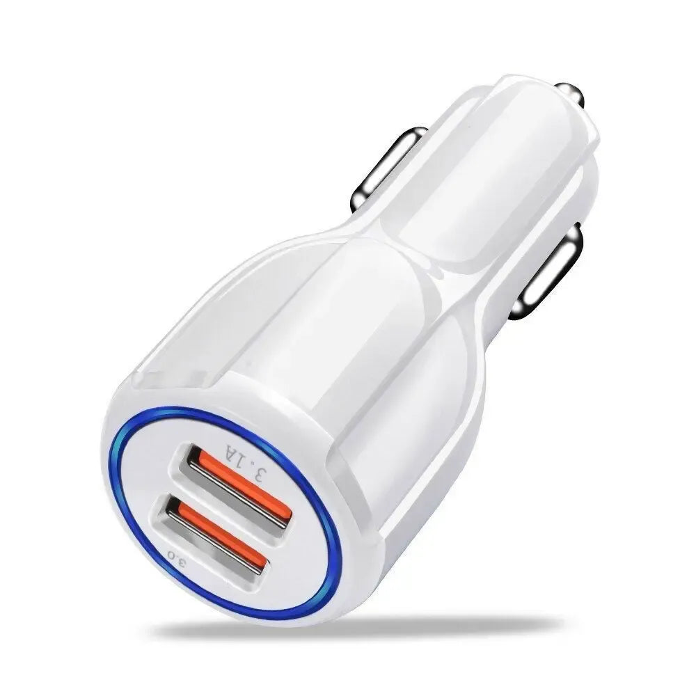 Automobilinis USB įkroviklis su 2 jungtimis ir QC 3.0 greito įkrovimo funkcija, skirtas automobiliui, juodas ir kompaktiškas.