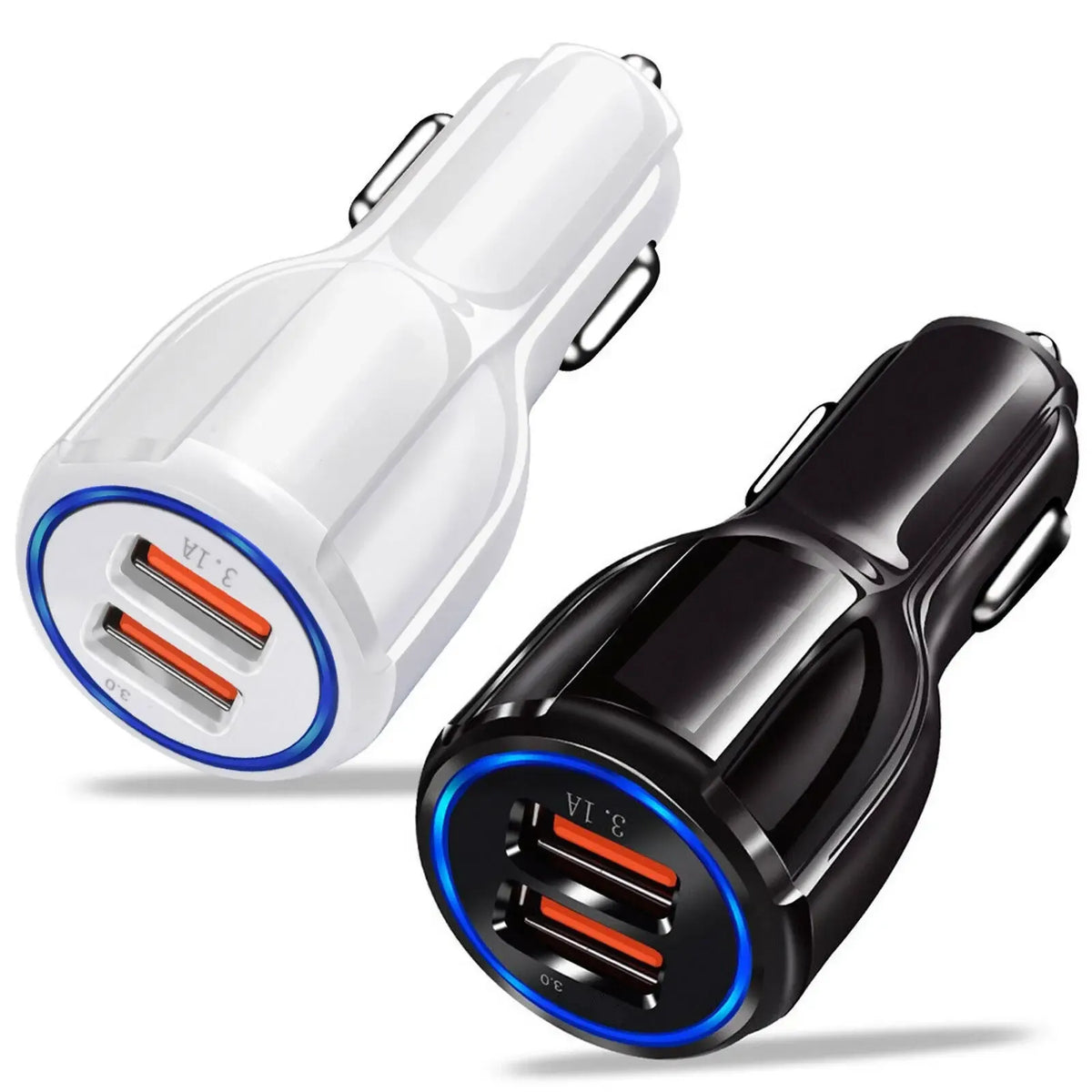 Automobilinis USB įkroviklis su 2 jungtimis ir QC 3.0 greito įkrovimo funkcija, tinka automobilių įkrovimui.