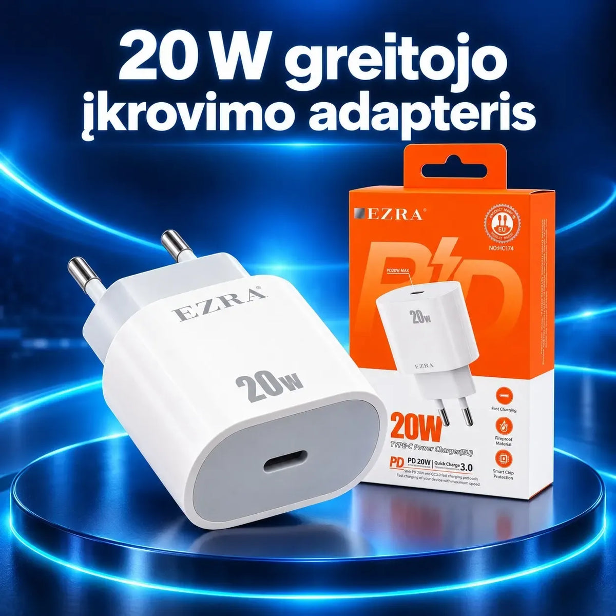 Greitojo įkrovimo adapteris EZRA HC174 20 W su USB-C, baltas, kompaktiškas, atitinkantis modernius įkrovimo standartus.