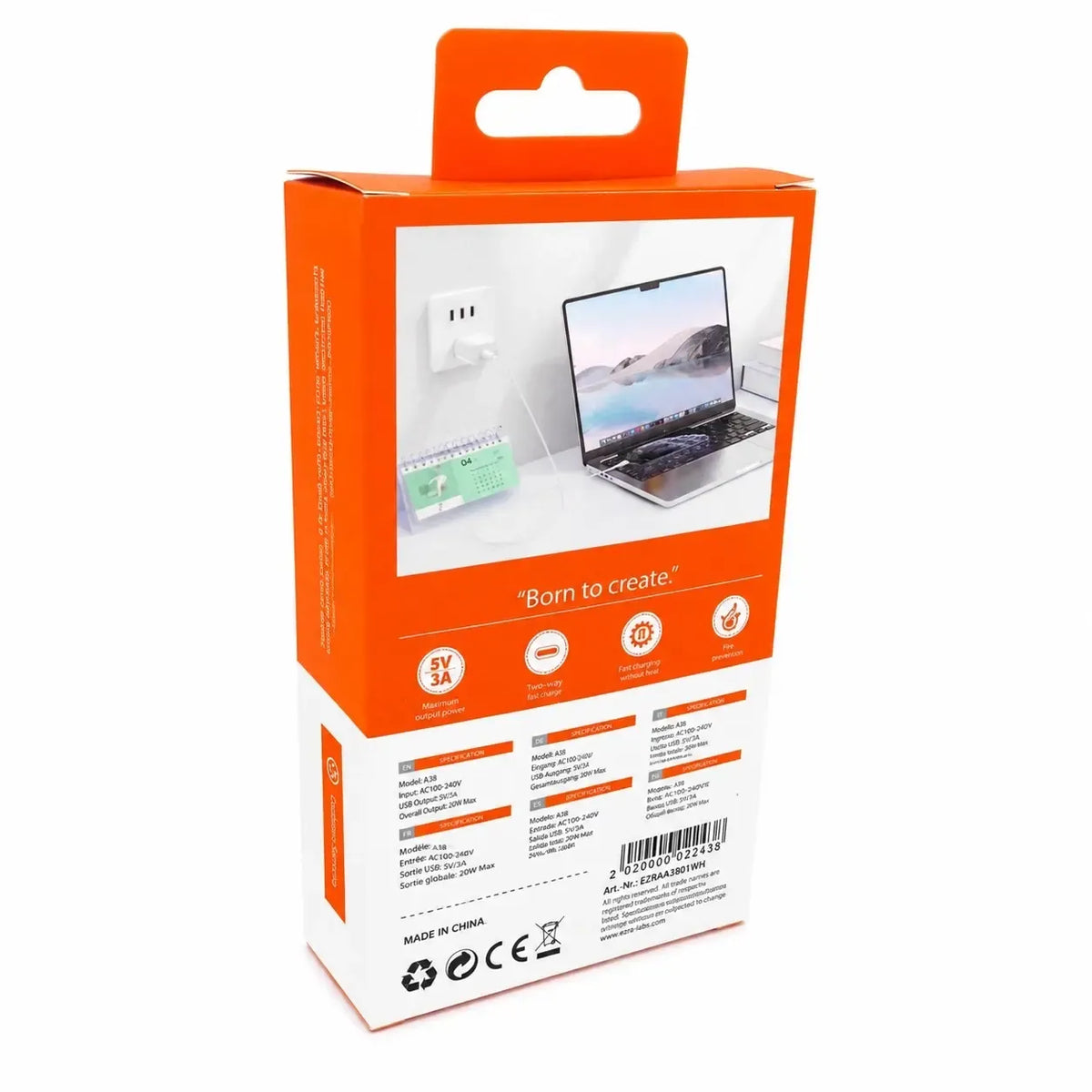 Greitojo įkrovimo adapteris EZRA HC174 20 W su USB-C, matomas iš šono, su įkrovimo lizdais ir USB-C jungtimi.