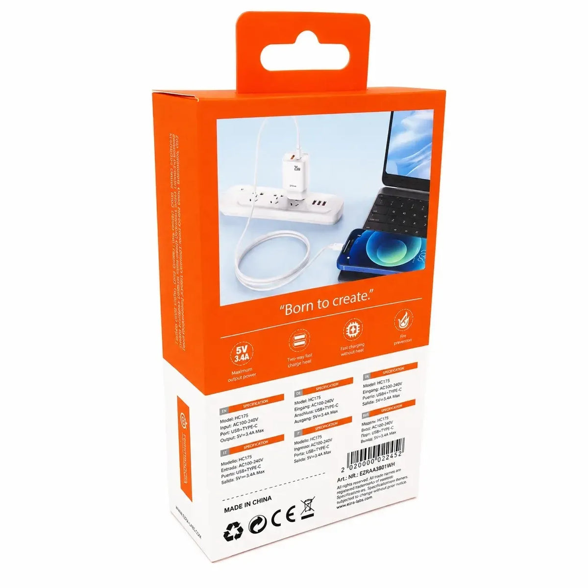 Greitojo įkrovimo adapteris EZRA HC175 25 W, rodomas iš arti, su USB jungtimi ir šviesos indikatoriumi.