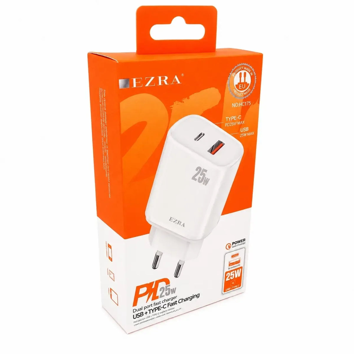 Greitojo įkrovimo adapteris EZRA HC175 25 W, matomas su USB jungtimi ir kompaktišku dizainu, tinkamas greitam įkrovimui.