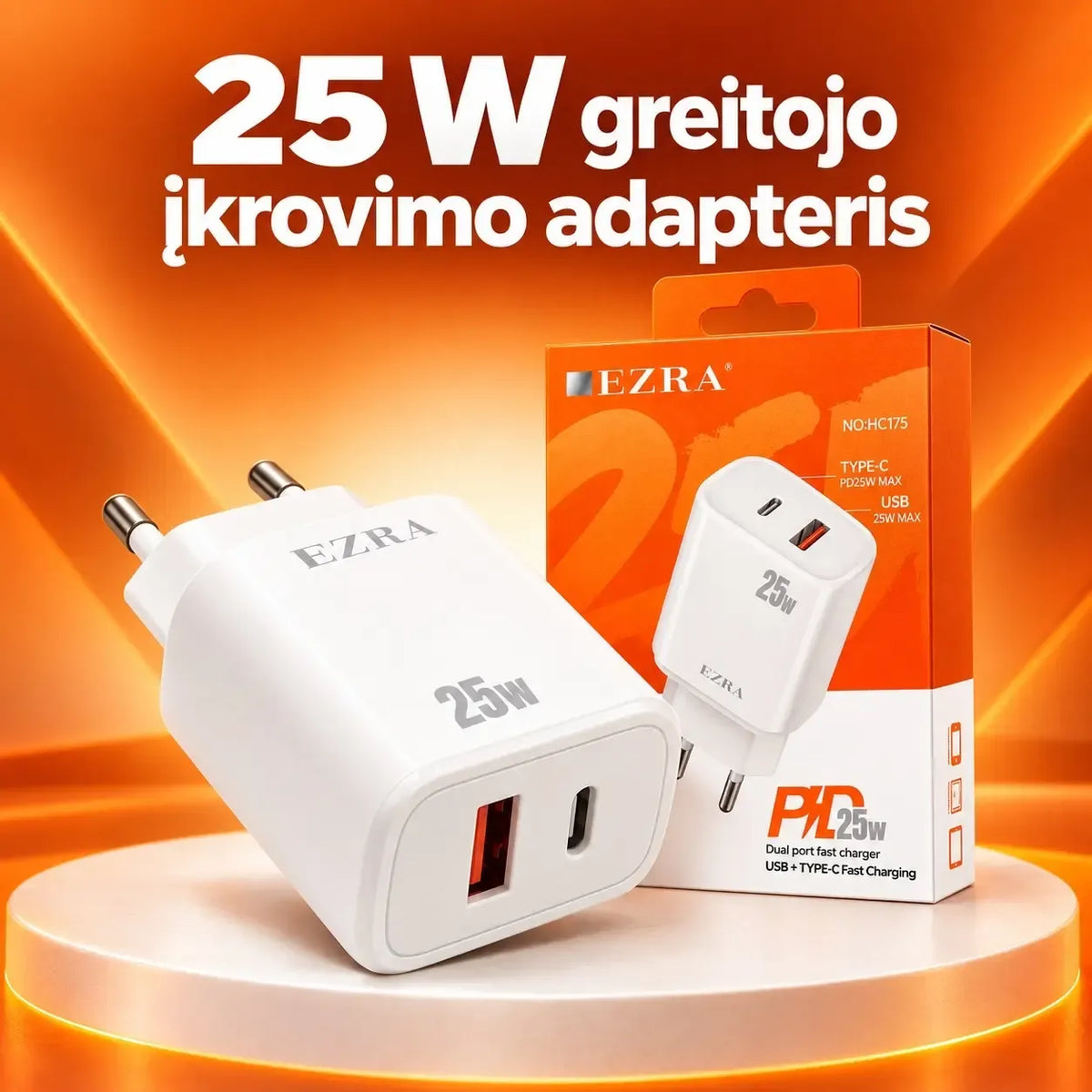 Greitojo įkrovimo adapteris EZRA HC175 25 W, parodytas kaip jis įdedamas į kištuką ir jungiamas prie įrenginio.