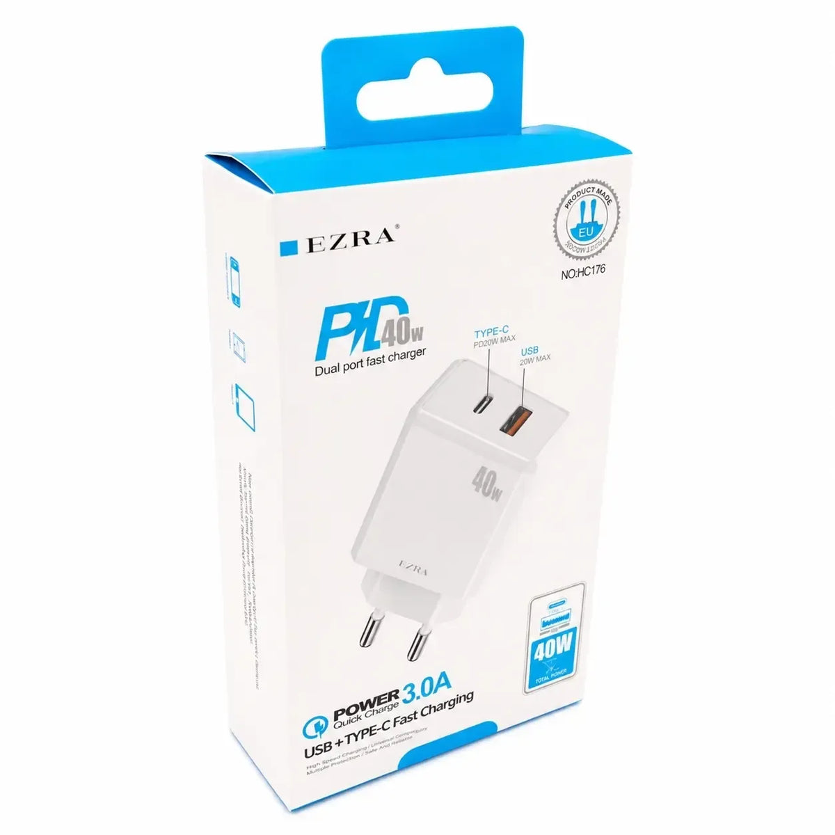 Greitojo įkrovimo adapteris EZRA HC176, 40 W, įrengtas ant stalo, rodo adapterio kištuką ir įkrovimo funkcijas