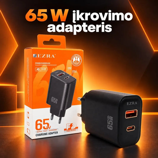Greitojo įkrovimo adapteris EZRA HC256 65 W, matomas nuotraukoje, su jungtimis ir aiškiai matomu dizainu.