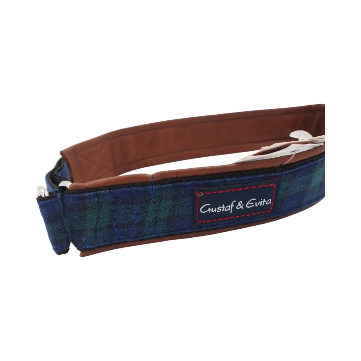 Mėlynas languotas šunų antkaklis Gustaf & Evita, 50 cm, odinis ir patogus šunų aksesuaras.