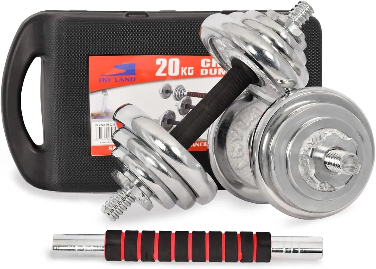 Chromuoti hanteliai ir štangos rinkinys, 20 kg, dviejų vienetų sporto įranga, skirta treniruotėms namuose ar sporto salėje.