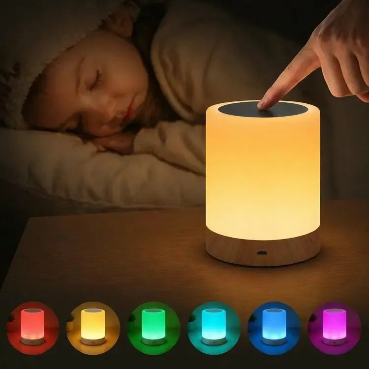 Įkraunama RGB LED naktinė lempa su jutikliniu valdymu, spalvų keitimas ir šviesos intensyvumo reguliavimas.