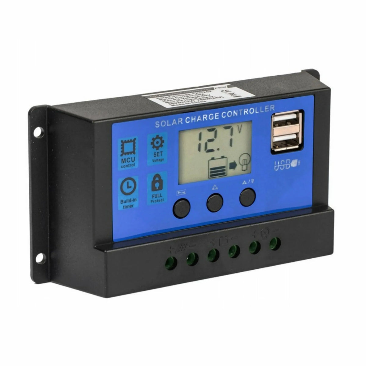 Saulės įkrovimo valdiklis 60A 12V/24V su LCD ekranu ir USB jungtimi, skirtas saulės baterijoms ir energijos valdymui.