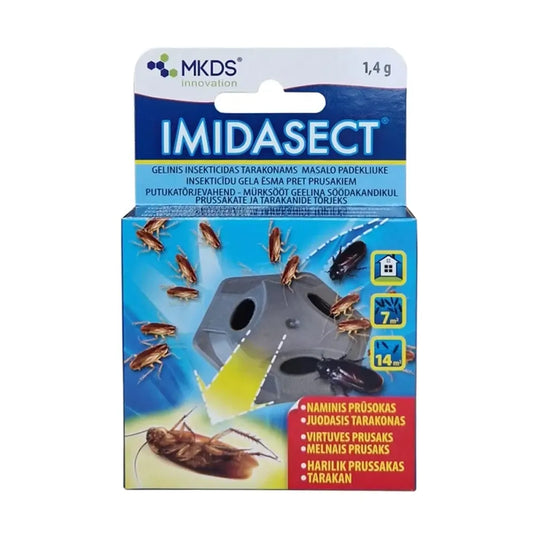 Gelinis insekticidas Imidasect 1,4 g, skirtas tarakonų naikinimui, su padėkliuku naudojimui namuose.