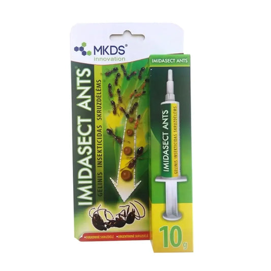 Gelinis insekticidas skruzdėlėms Imidasect Ants, 10 g, veiksmingas skruzdėlių naikinimui, vaizdas su produkto pakuote.