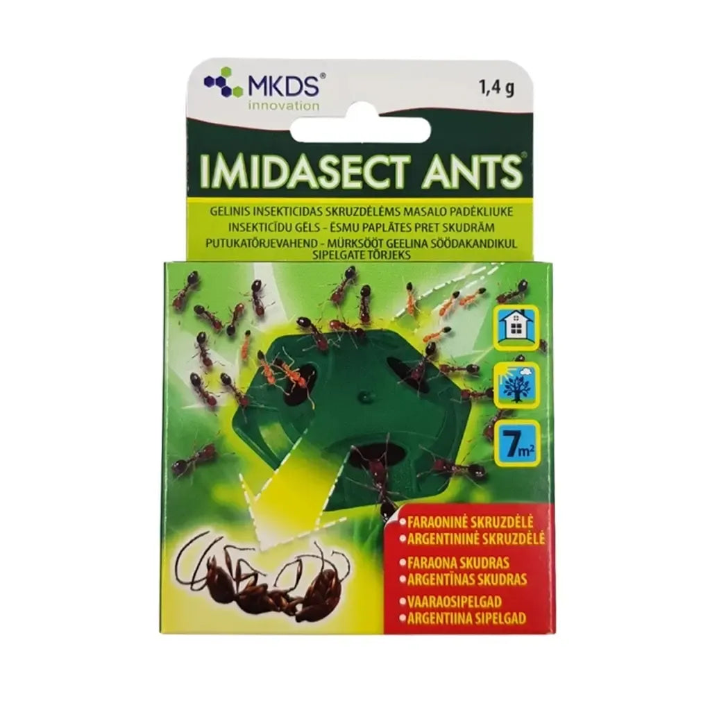 Gelinis insekticidas Imidasect ants skruzdėlių naikinimui, 1,4 g, su aplikatoriaus padėklu, efektyviai naikina skruzdėles.