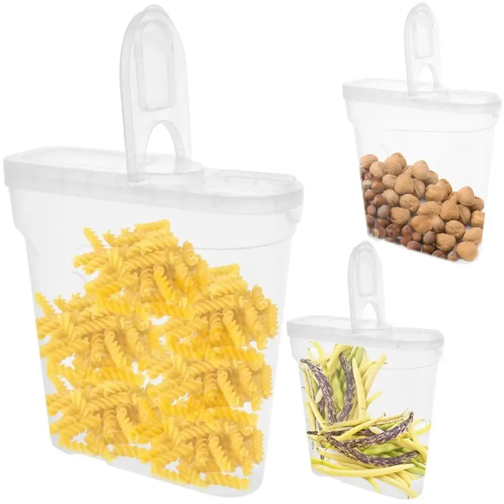 Birių produktų indeliai, 3 vnt., skaidrūs plastikiniai dėklai, patogūs sandėliavimui ir organizavimui.