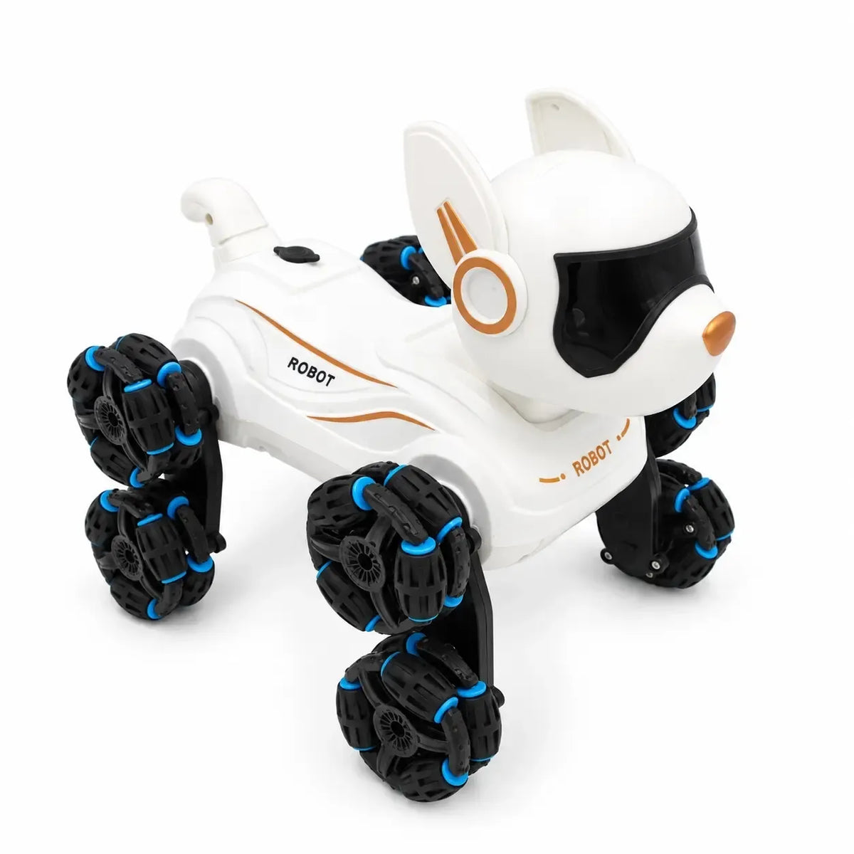 Interaktyvus nuotoliniu būdu valdomas robotas šuo TR2384C, žaismingas ir judrus, su valdymo pultu ir šuniška išvaizda.