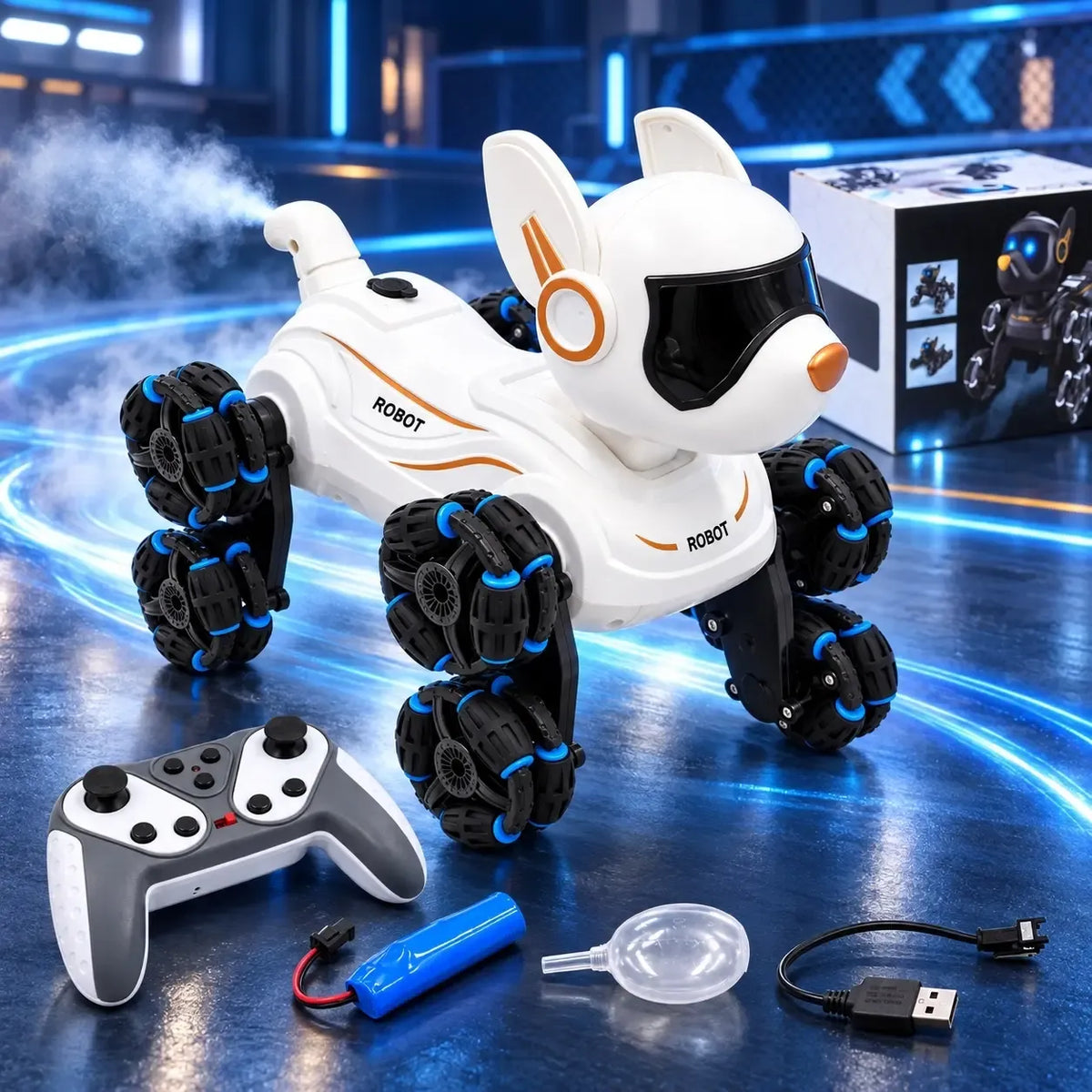 Interaktyvus nuotoliniu būdu valdomas robotas šuo TR2384C, su judančiomis kojomis ir dėmesio pritraukiančiu dizainu.
