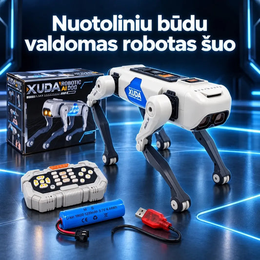 Interaktyvus šuo robotas XUDA TR2384 su judančiomis kojomis, švytinčiomis akimis ir realistiška išvaizda, vaikams žaisti.