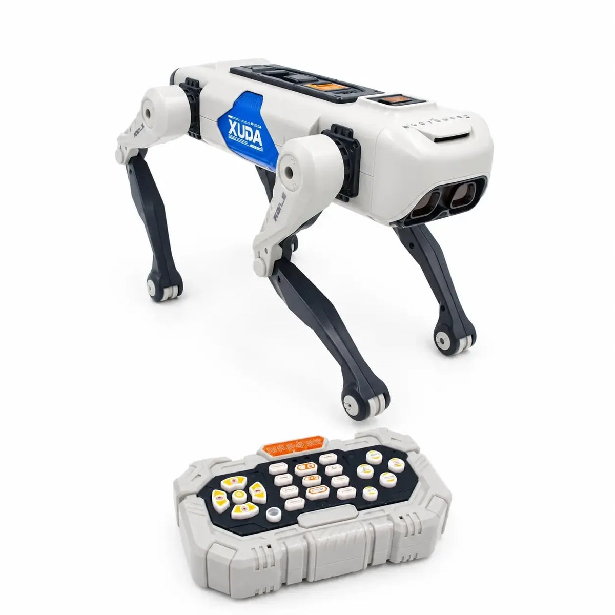 Interaktyvus šuo robotas XUDA TR2384 su judančiomis kojomis ir švytinčiomis akimis, žaismingai sėdi ant balto paviršiaus