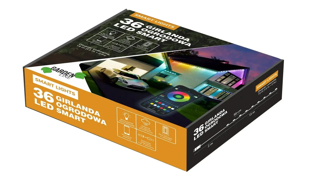 Išmanioji LED girlianda SMART LIGHTS su 36 RGB LED, 13 m ilgio ir IP65 atsparumo, skirta apšvietimui ir dekoracijoms.