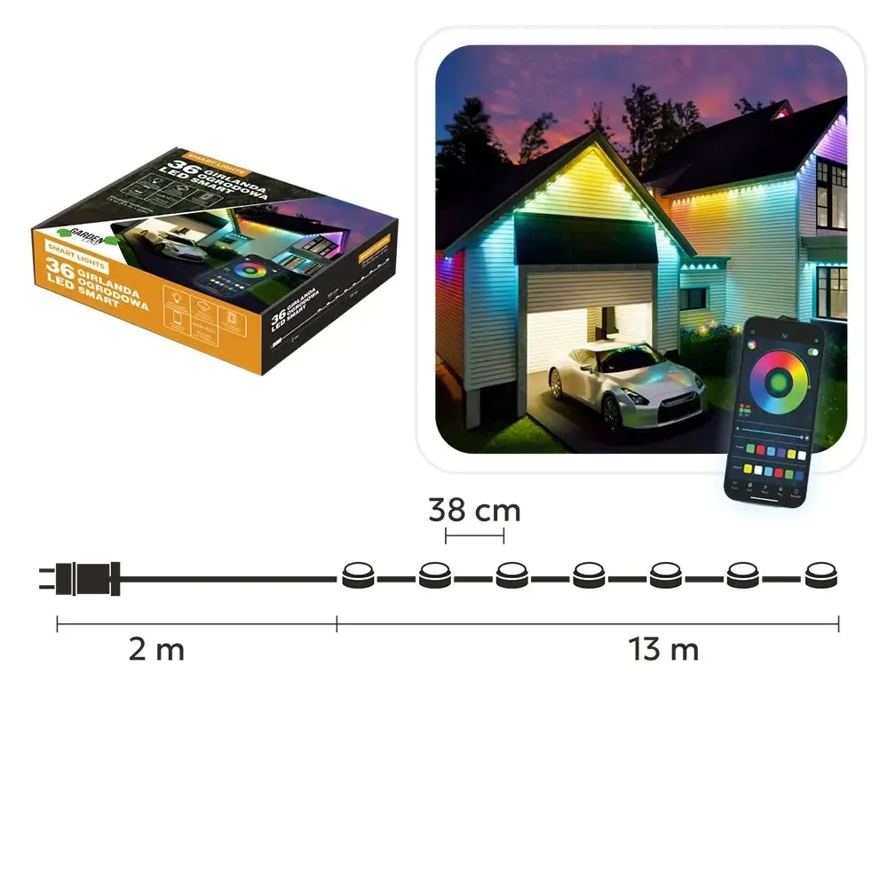 Išmanioji LED girlianda SMART LIGHTS, 36 RGB LED, 13 m ilgio, atspari vandeniui IP65, spalvota apšvietimo dekoracija.