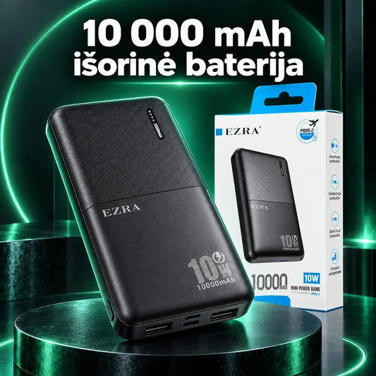 Išorinė baterija Ezra PB95-2 10 000 mAh su USB išėjimais, skirta įkrauti mobiliuosius įrenginius.