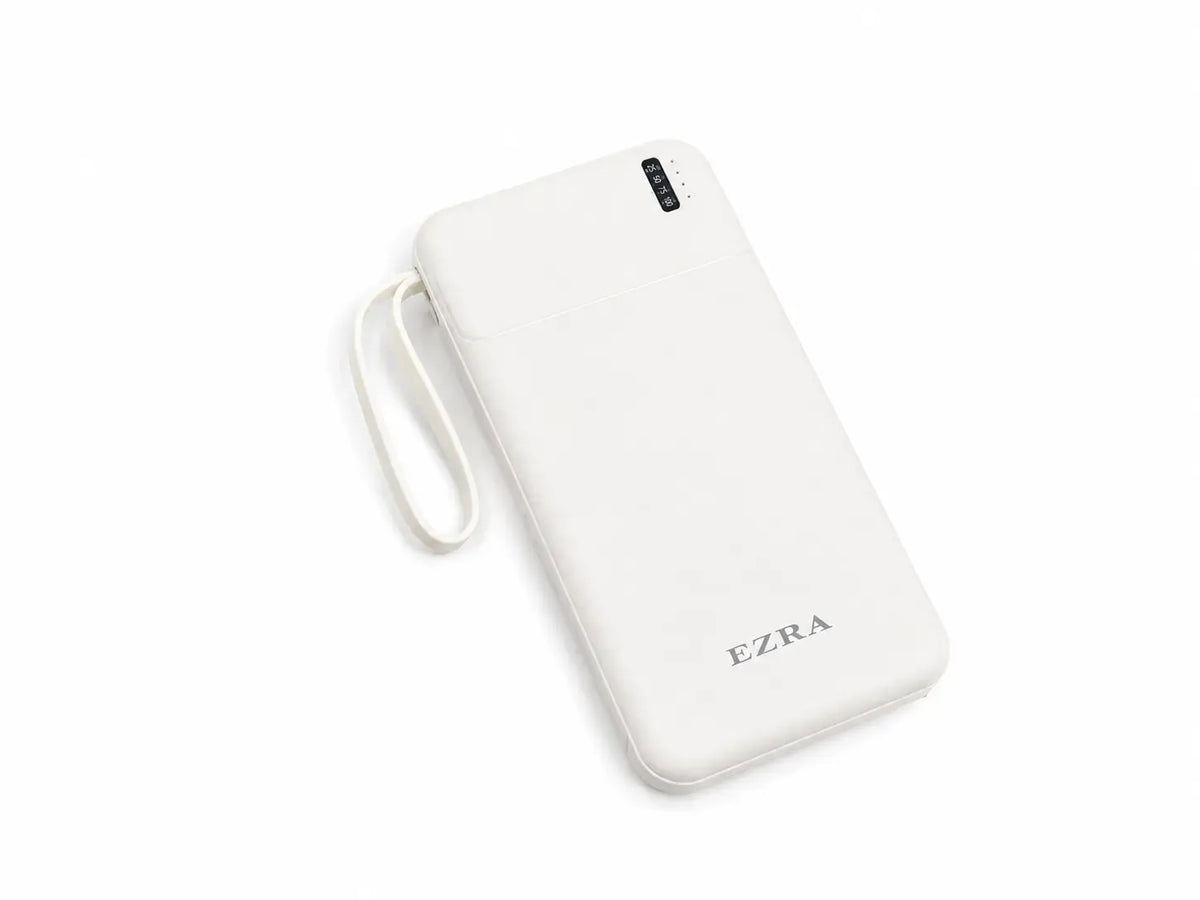 Išorinė baterija su integruotais laidais EZRA PB147-1, 10 000 mAh, mobiliojo įkrovimo ir patvarumo galimybėms.