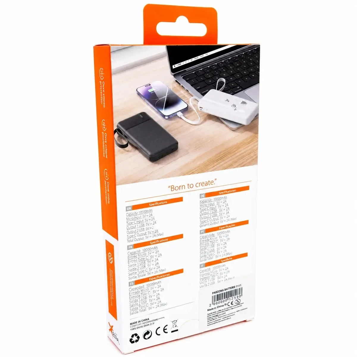 Išorinė baterija EZRA PB147-1 su integruotais laidais, 10 000 mAh, mobiliojo įkrovimo ir energijos šaltinis.