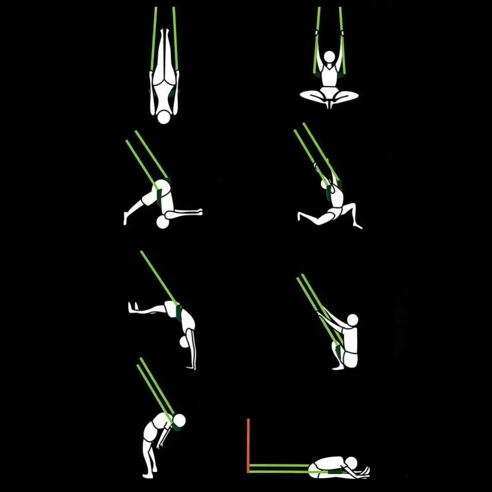 Jogos kūno tempimo diržas su durų inkaru, lankstumui gerinti, parodytas naudojimo pavyzdys ir lankstus tempimo judesys.