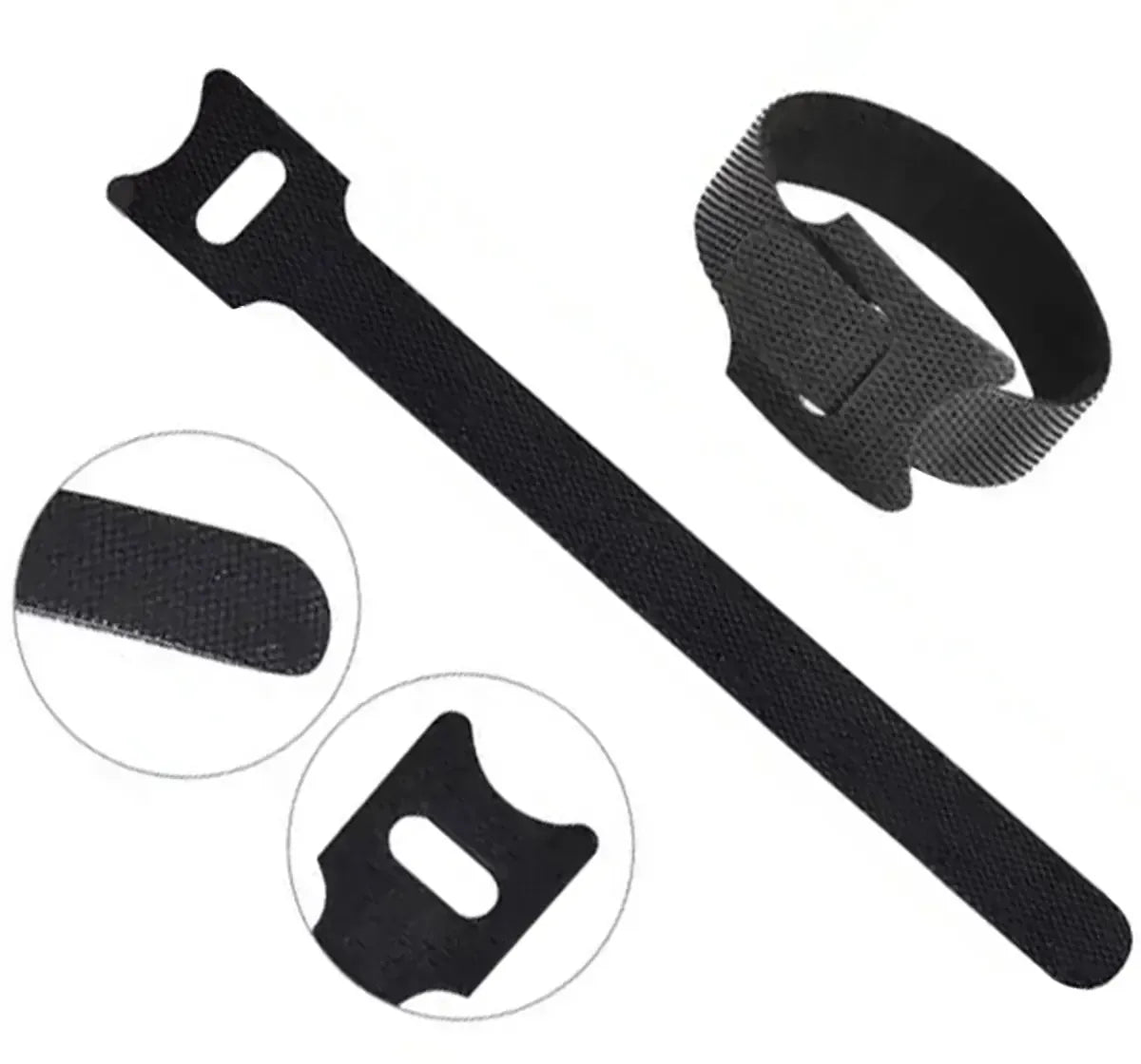 Juodi Velcro kabelių sutvarkymo dirželiai, 50 vnt., tinka kabelių organizavimui ir tvarkingam jų laikymui.