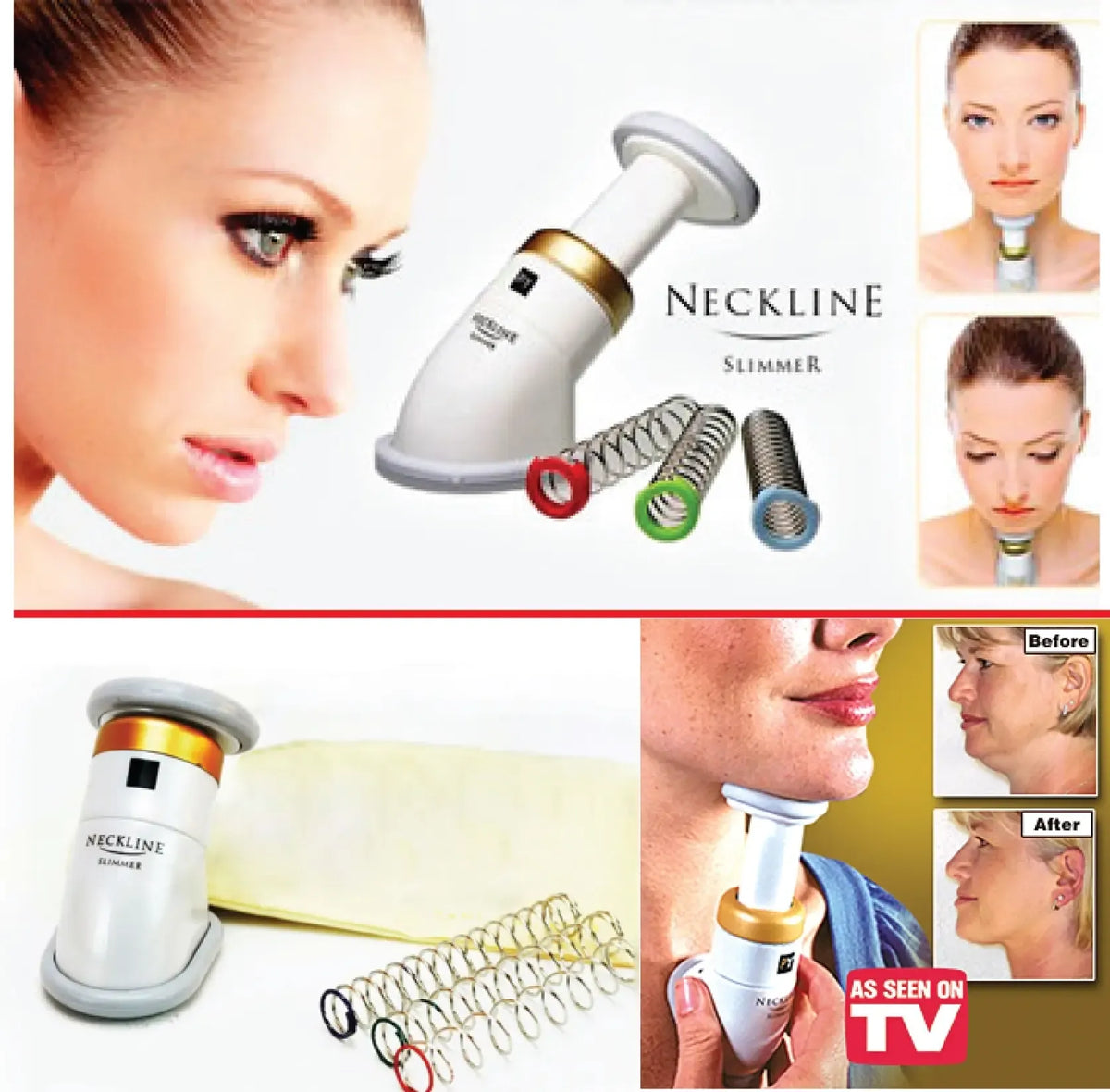 Kaklo, smakro ir pagurklio masažuoklis, treniruoklis Neckline Slimmer, parodytas kaip veikia ir naudojimo būdas.