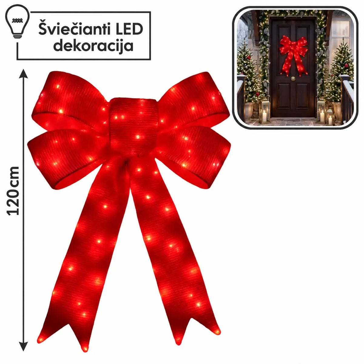 Ziemassvētku 3D LED dekorācija — sarkana lente, 120 cm, 168 LED