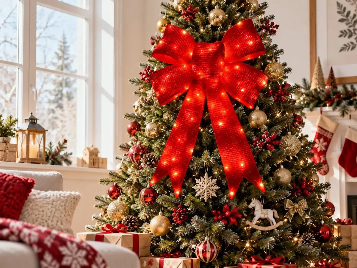 Ziemassvētku 3D LED dekorācija – sarkana lente, 76 cm, 112 LED