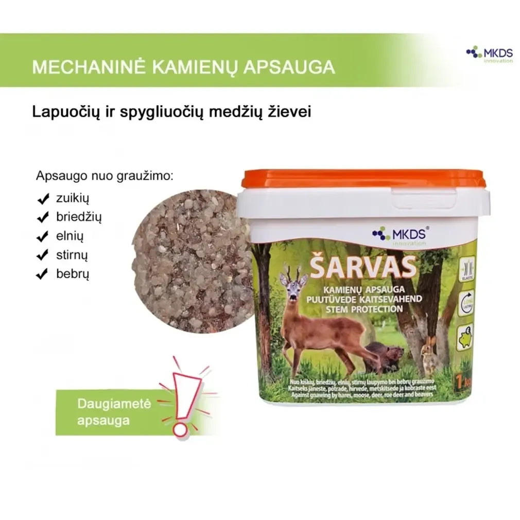 Medžių apsaugos nuo žvėrių ŠARVAS 1 kg, tamsios spalvos apsauginė medžių danga, natūralus kamienų apsaugos produktas.