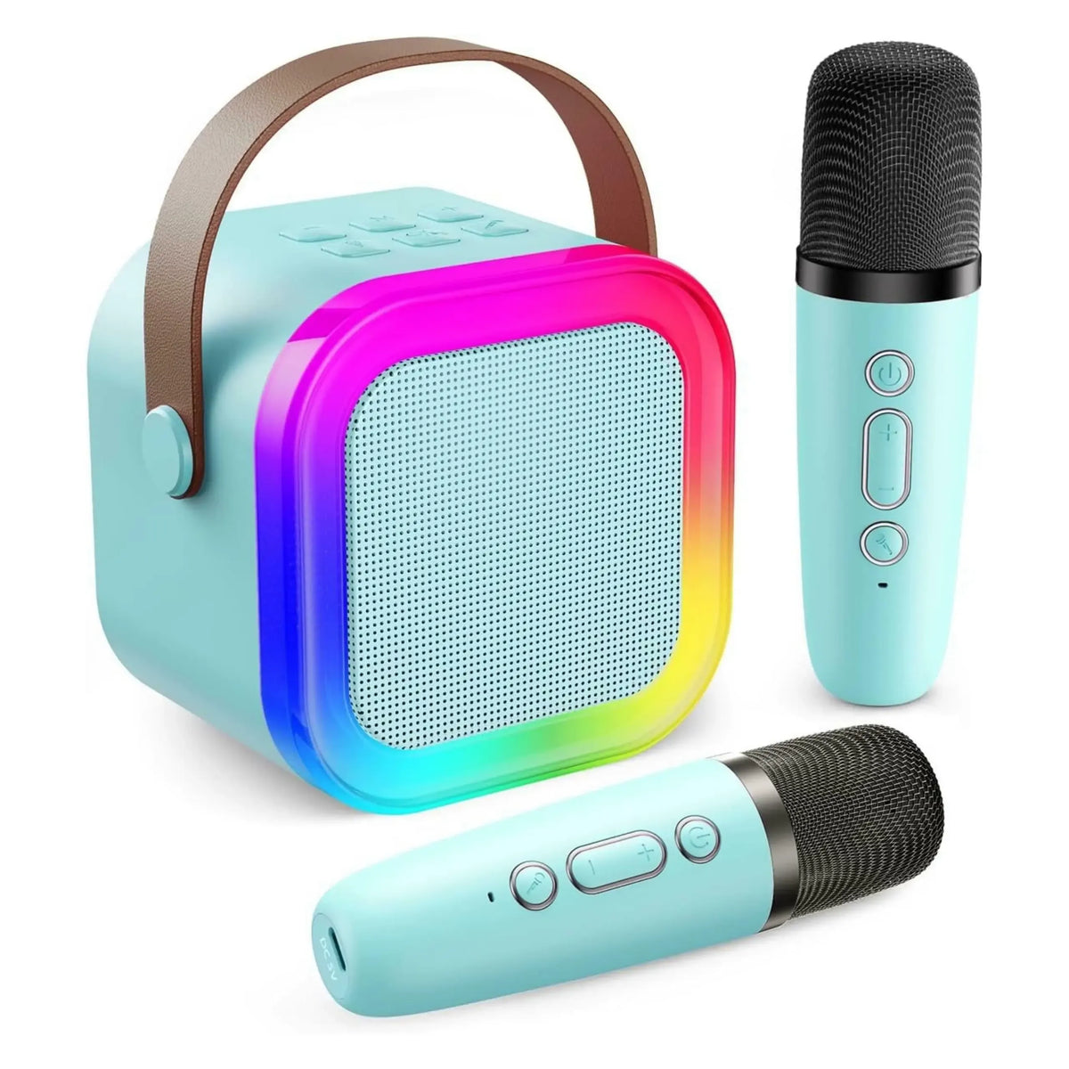 Karaoke kolonėlė su mikrofonais ir LED apšvietimu, Bluetooth, šviesos efektai, kompaktiška ir moderni muzikos sistema.